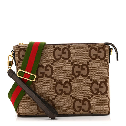 Gucci Monogram Jumbo GG Textured Dollar Calfskin Web Wristlet Messenger Bag Camel Ebony New Acero 1 of 11