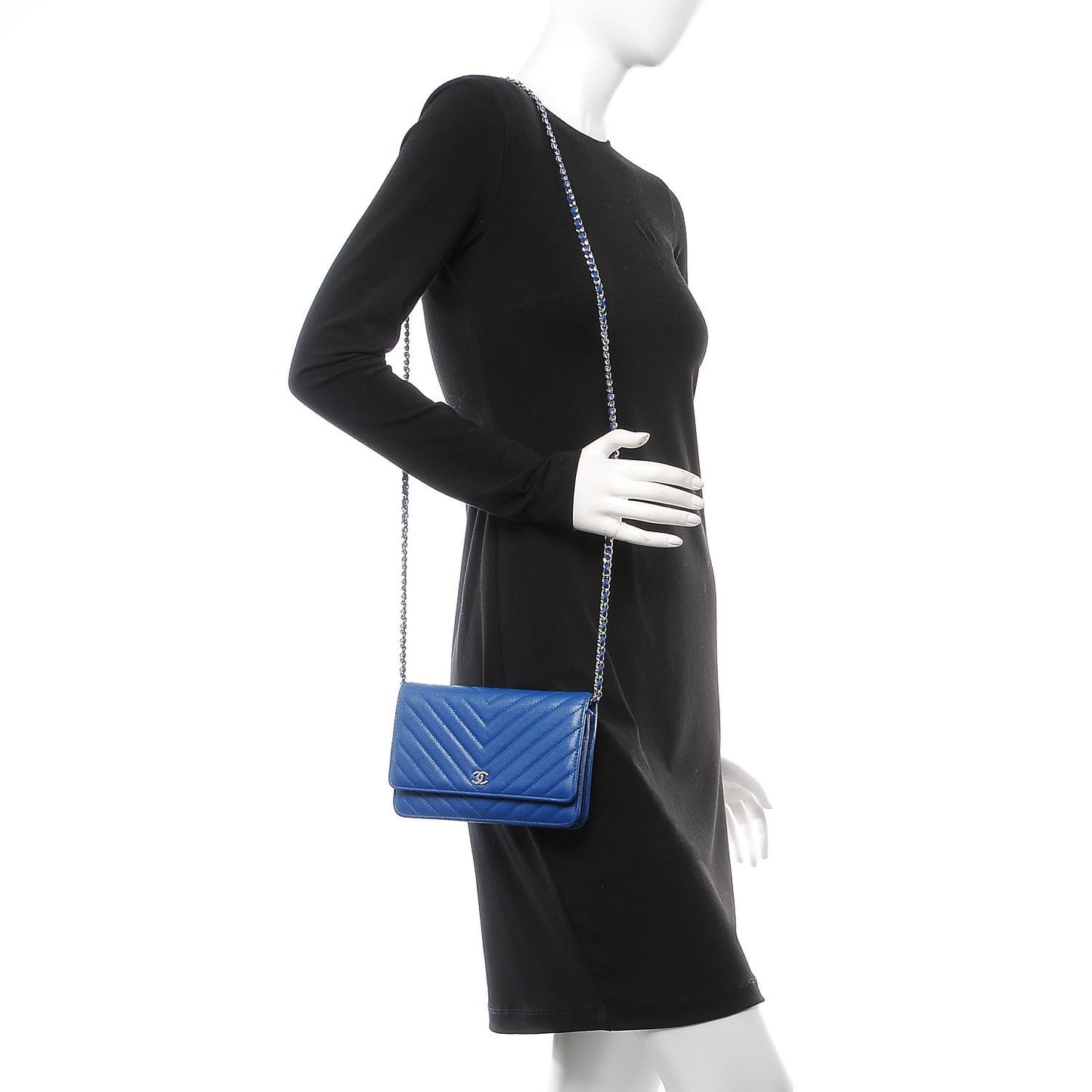 Caviar Chevron Quilted Wallet On Chain WOC Bright Blue