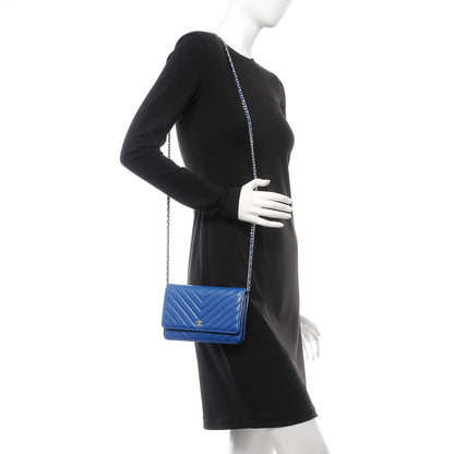 Chanel Caviar Chevron Quilted Wallet On Chain WOC Bright Blue 2 of 9