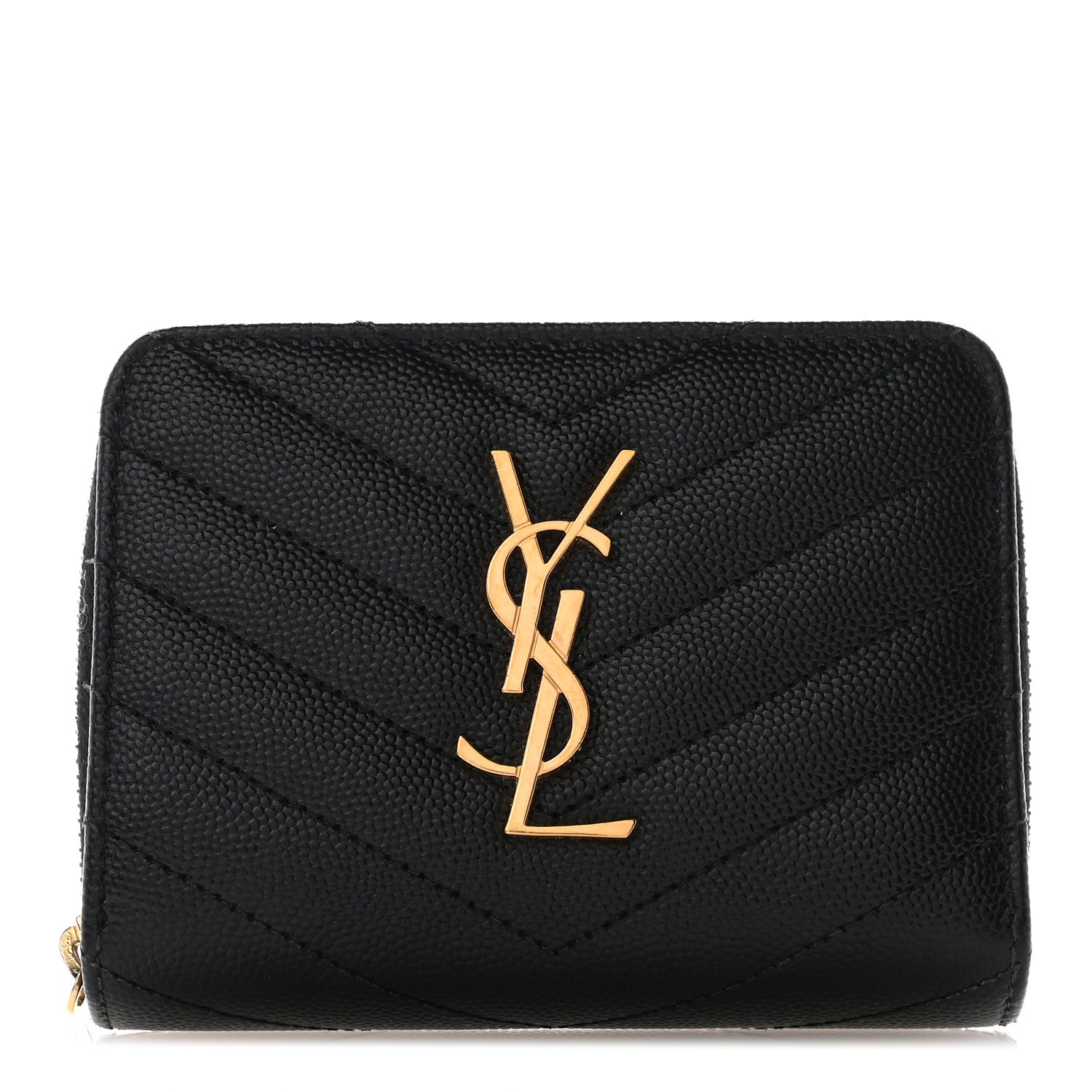 Saint Laurent Grain De Poudre Matelasse Chevron Monogram Compact Zip Around Wallet Black 1 of 8