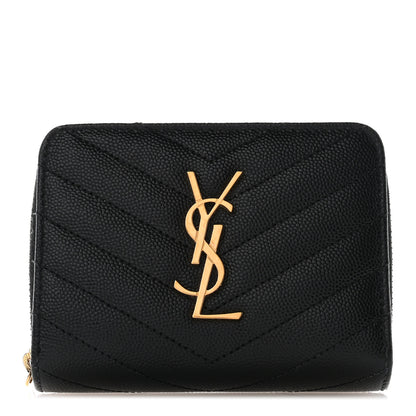 Saint Laurent Grain De Poudre Matelasse Chevron Monogram Compact Zip Around Wallet Black 1 of 8