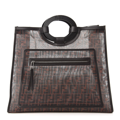 Fendi Mesh Vitello Century Cuoio FF 1974 Medium Runaway Shopper Tote Marrone Black Ebano 1 of 10