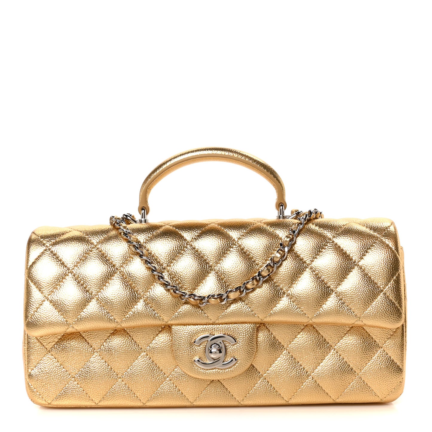 Metallic Caviar Quilted Top Handle East West Flap Gold