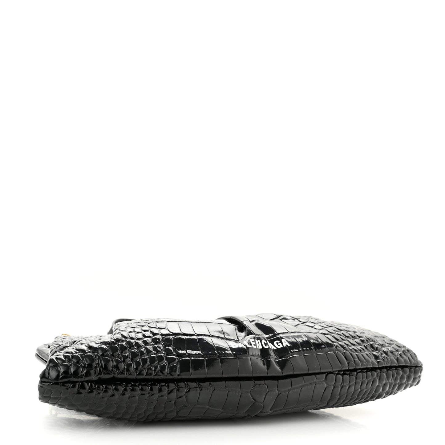 Shiny Supple Calfskin Logo Crocodile Embossed XL Cloud Clutch Black White
