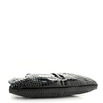 Balenciaga Shiny Supple Calfskin Logo Crocodile Embossed XL Cloud Clutch Black White 4 of 9