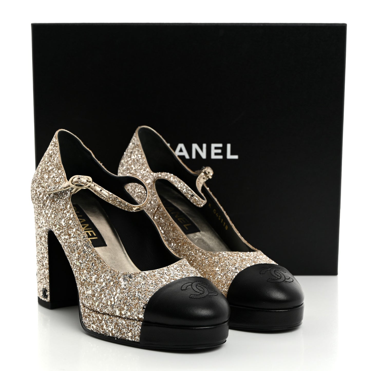 Glitter Lambskin Cap Toe CC Mary Jane Pumps 39 Light Gold Black