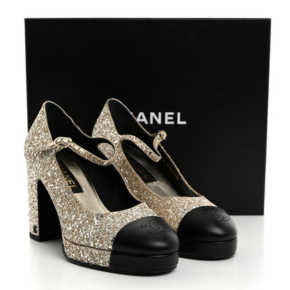 Chanel Glitter Lambskin Cap Toe CC Mary Jane Pumps 39 Light Gold Black 9 of 9