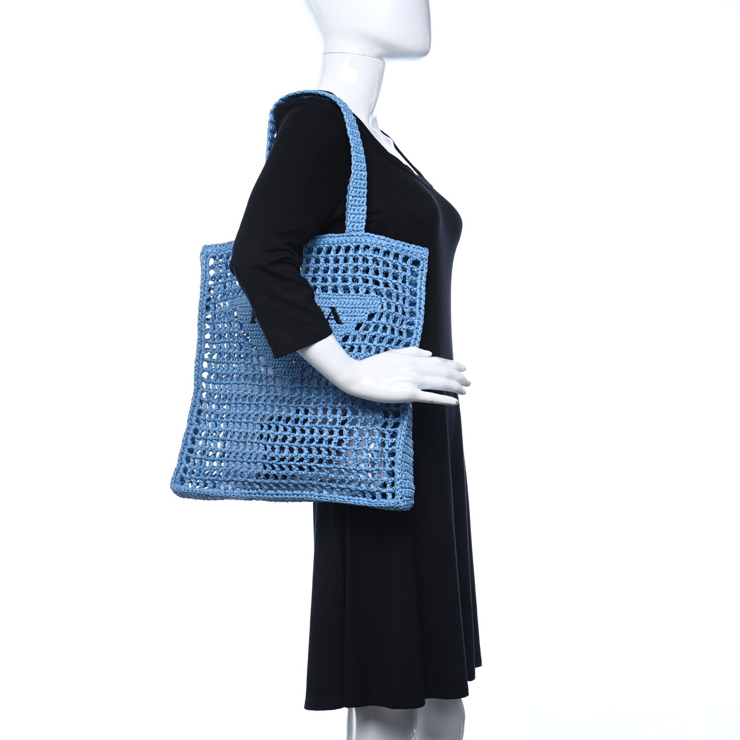 Prada Yarn Raffia Effect Crochet Logo Embroidered Shopping Tote Bag Celeste 2 of 10