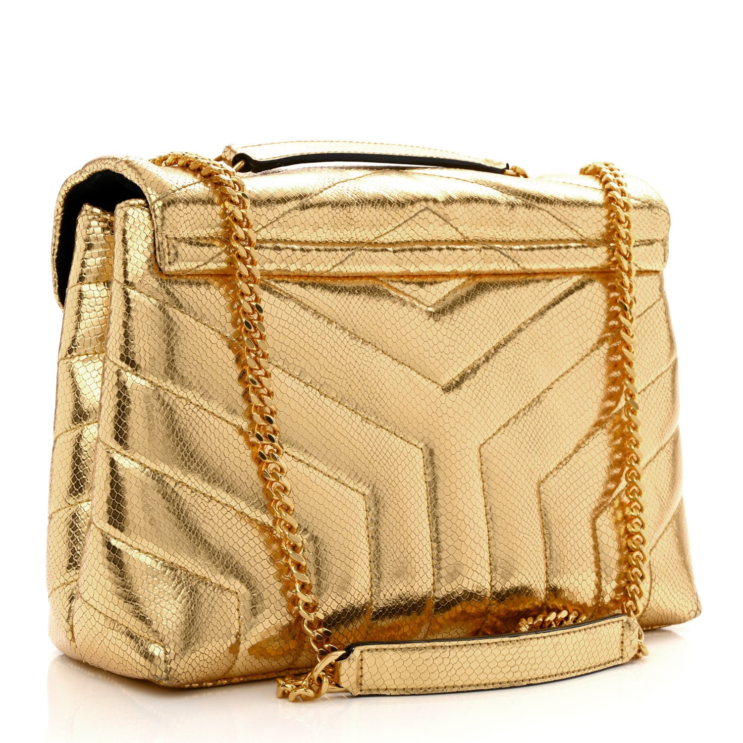Saint Laurent Snake Embossed Lame Y Quilted Small Loulou Monogram Chain Satchel Oro 3 of 10