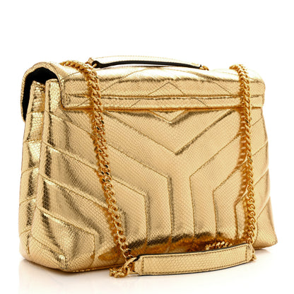 Saint Laurent Snake Embossed Lame Y Quilted Small Loulou Monogram Chain Satchel Oro 3 of 10
