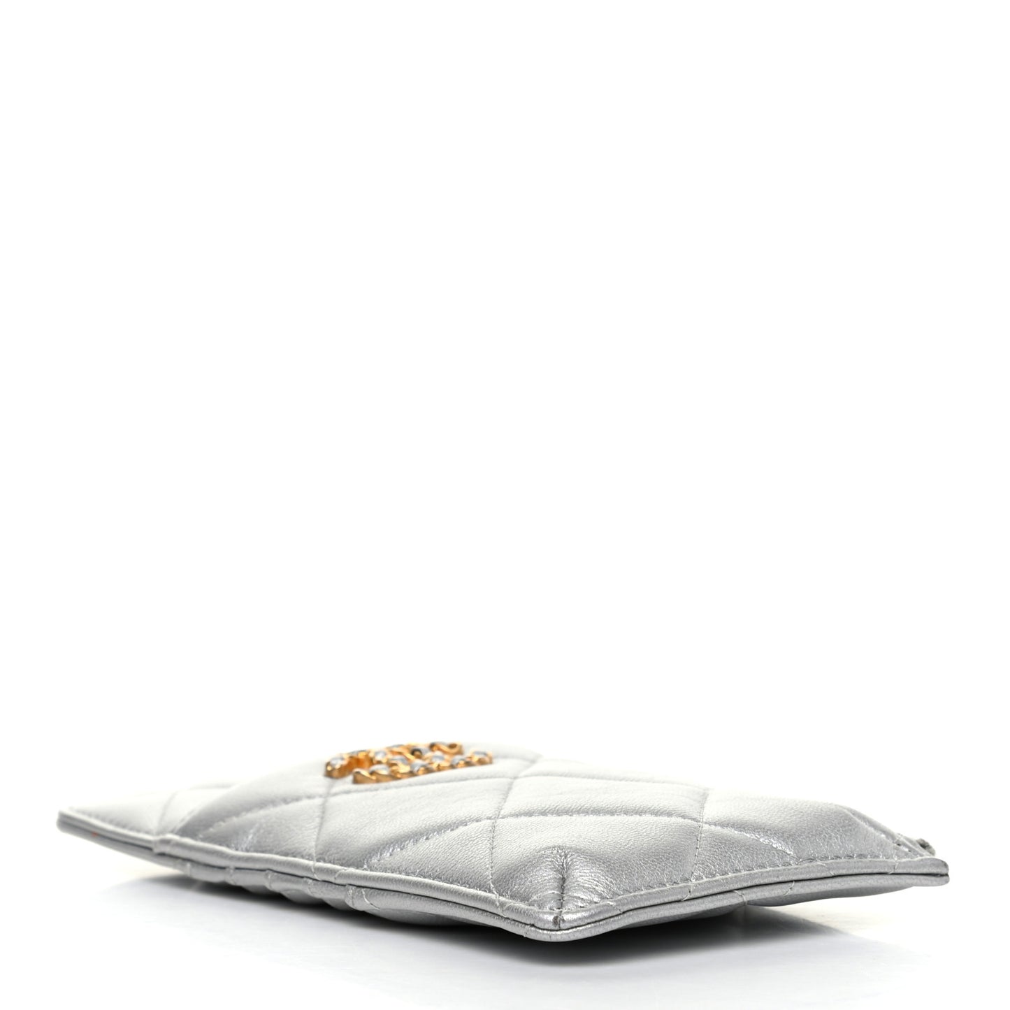 Metallic Goatskin Quilted Chanel 19 Flat Wallet Pouch Silver