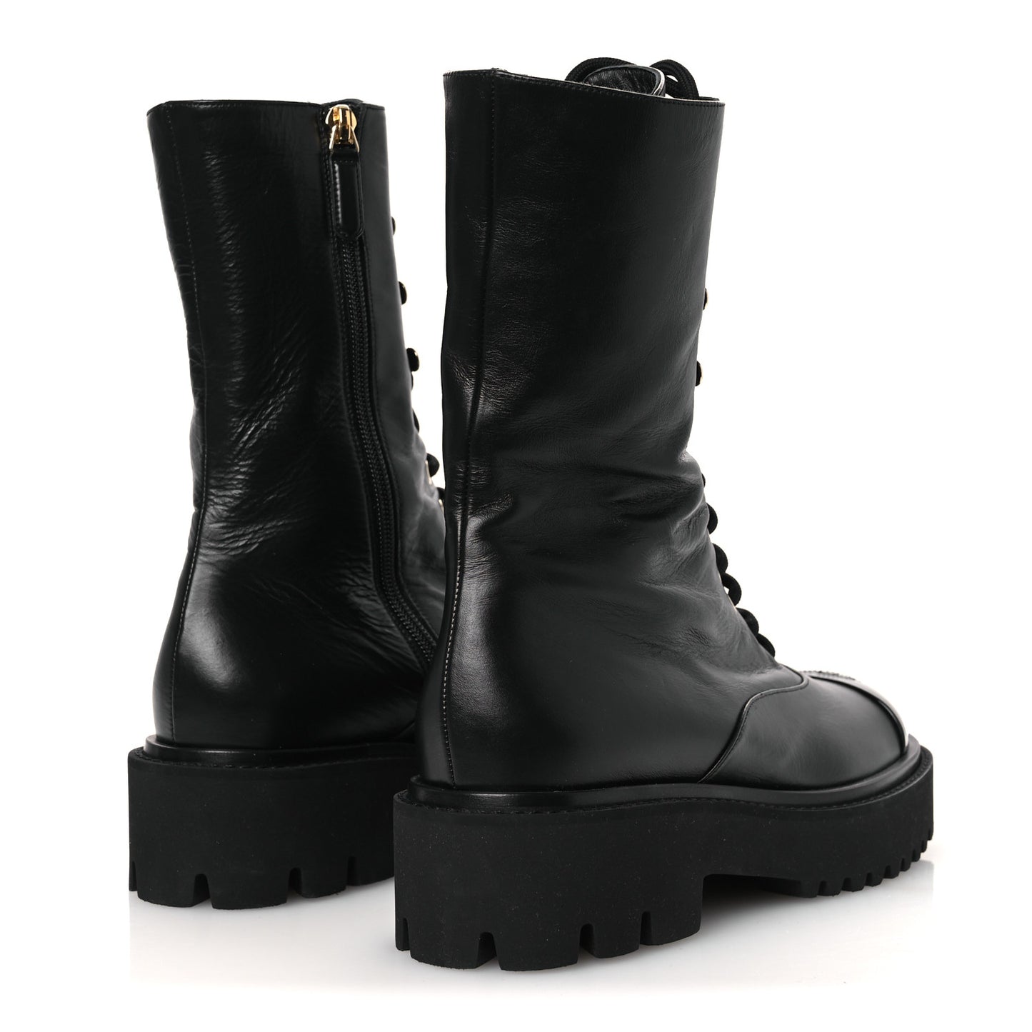 Crumpled Calfskin Patent Cap Toe Lace Up Combat Boots 39.5 Black