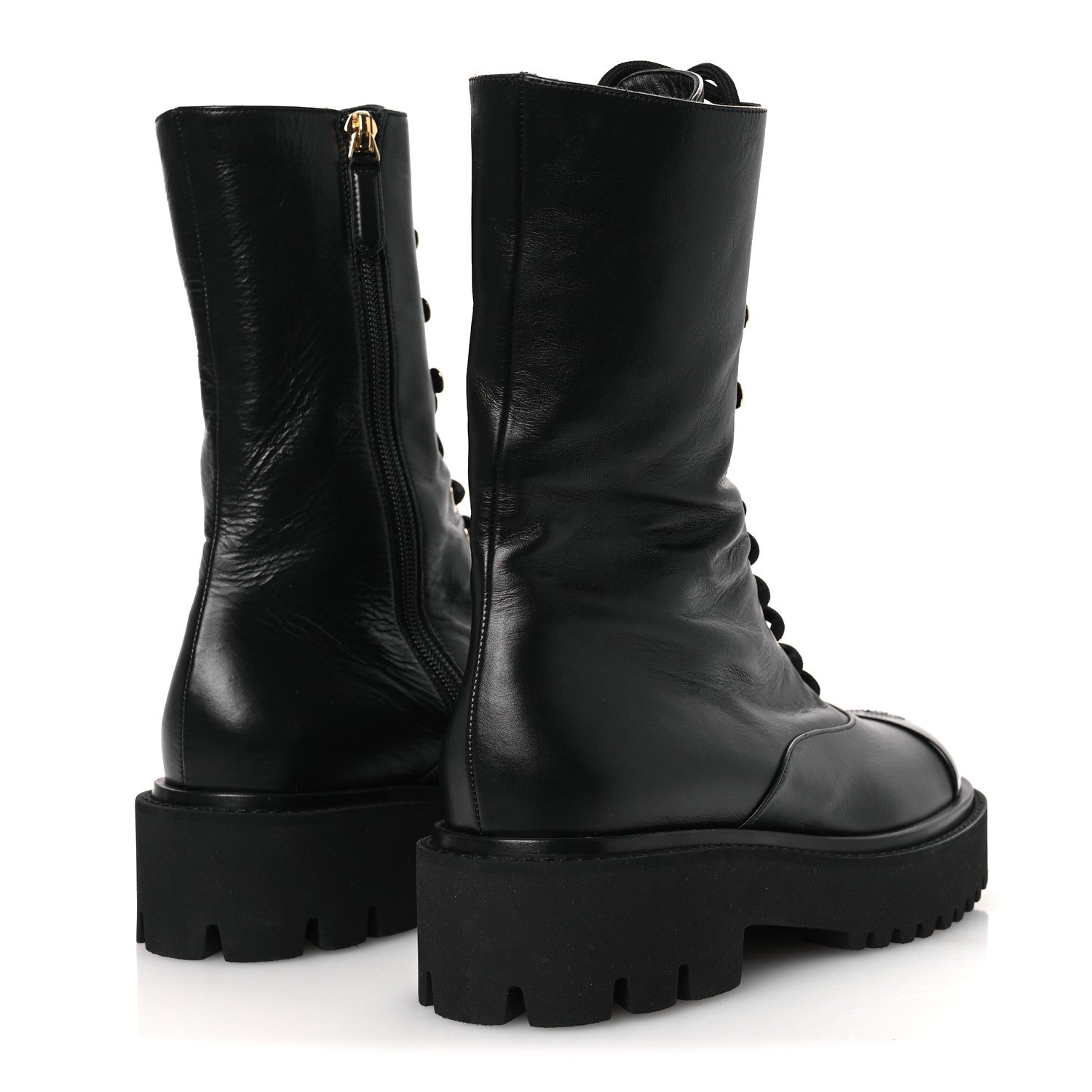 Chanel Crumpled Calfskin Patent Cap Toe Lace Up Combat Boots 39.5 Black 5 of 11