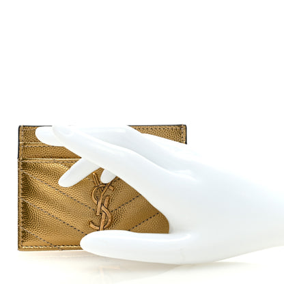 Saint Laurent Metallic Grain De Poudre Matelasse Chevron Monogram Credit Card Case Gold 2 of 7
