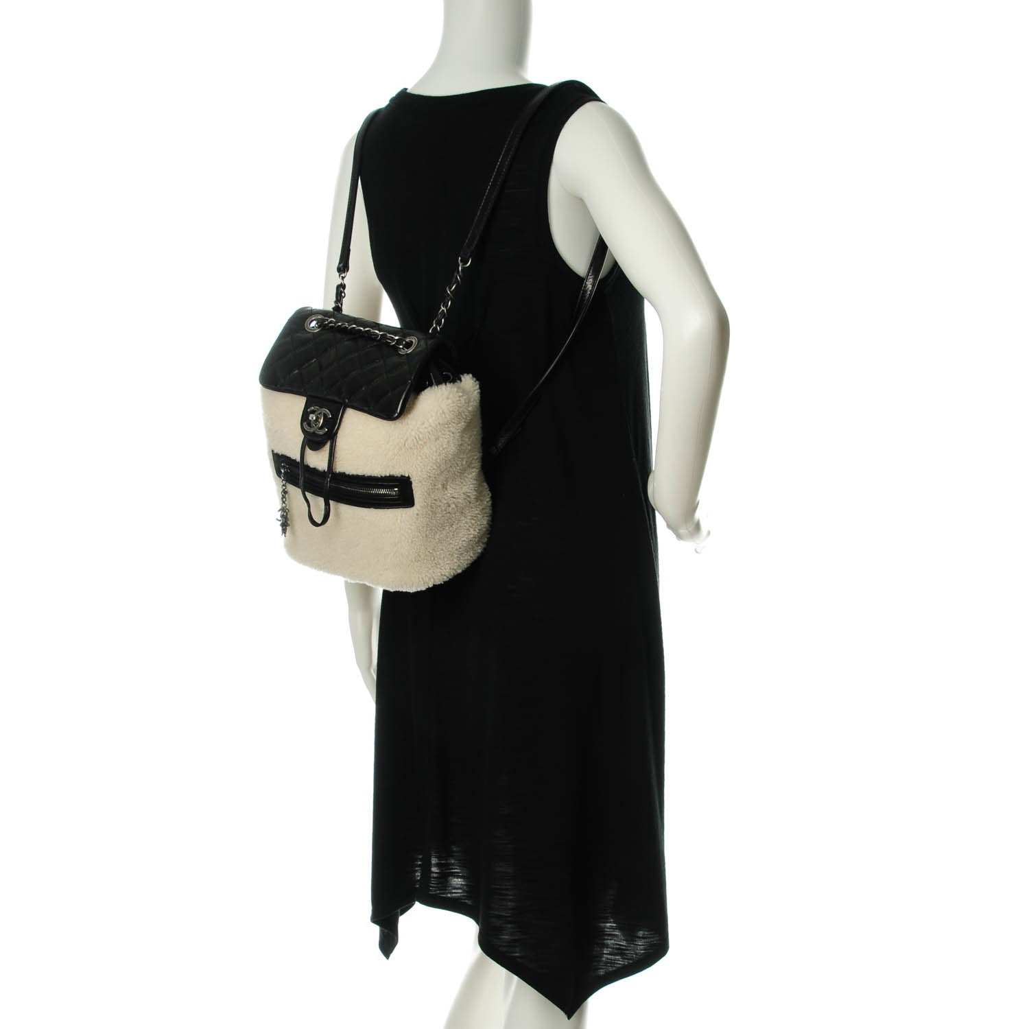 Chanel Glazed Calfskin Shearling Quilted Small Mountain Backpack Black Ivory 2 of 8