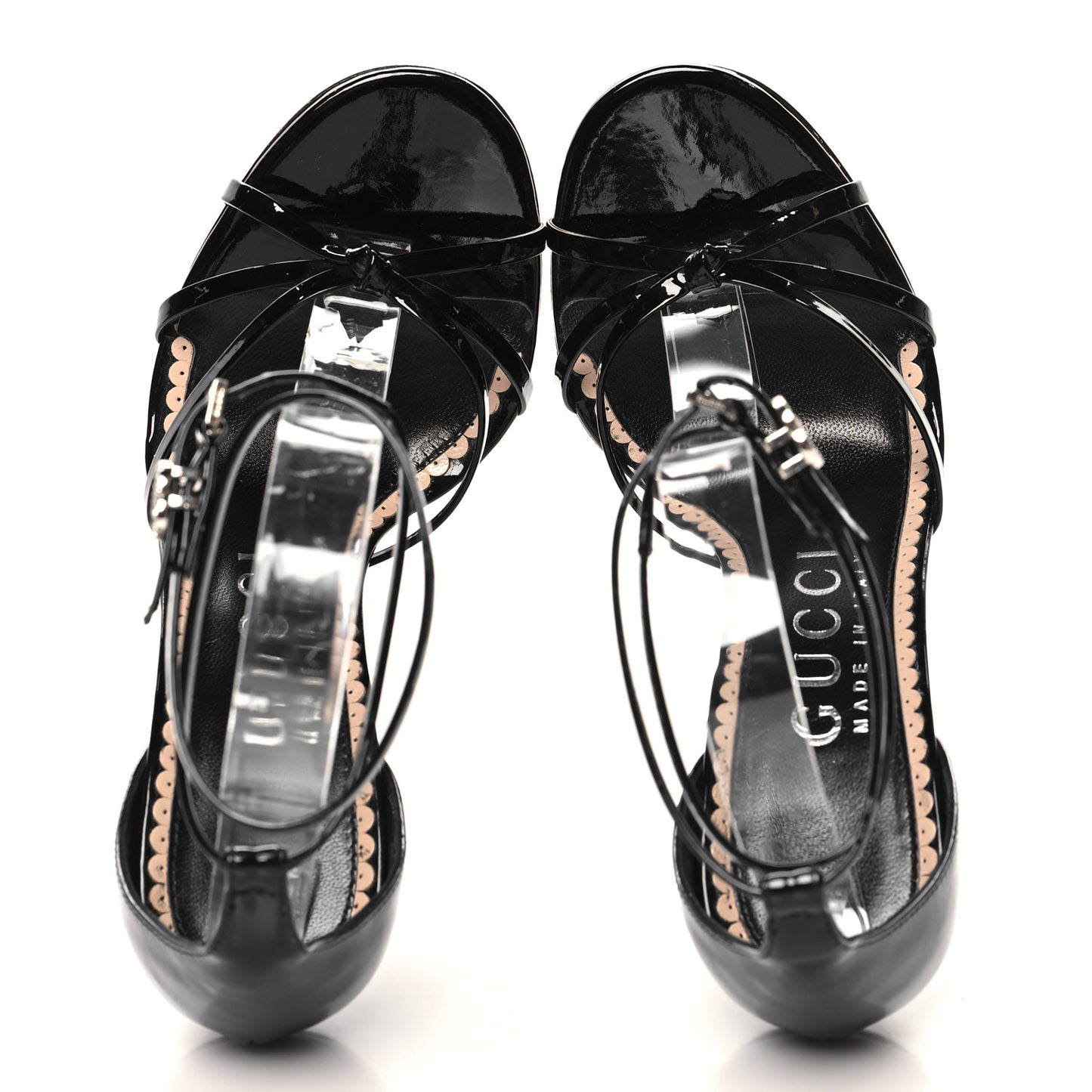 Patent Crystal Double G Ankle Wrap Sandals 37 Black