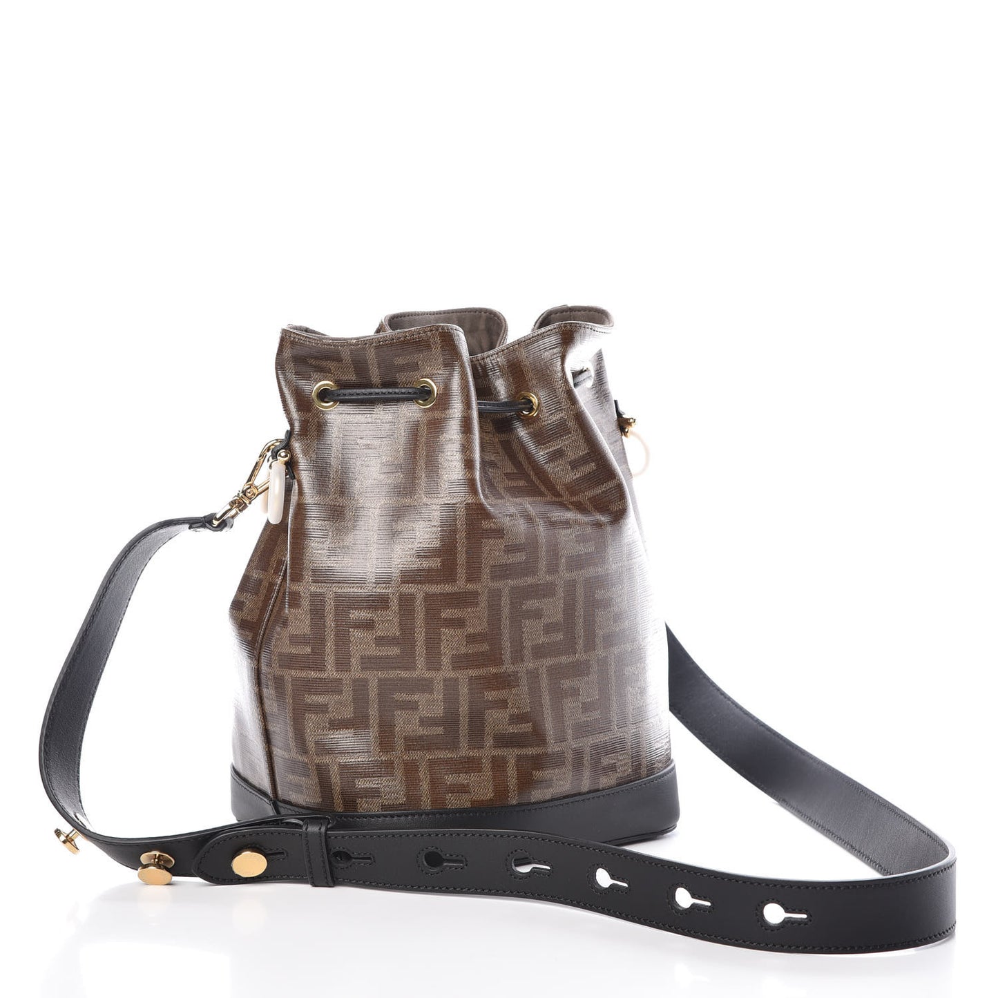Glazed Fabric Vitello Grace F is Fendi FF 1974 Stamp Patch Grande Mon Tresor Bucket Bag Mogano Panna Black
