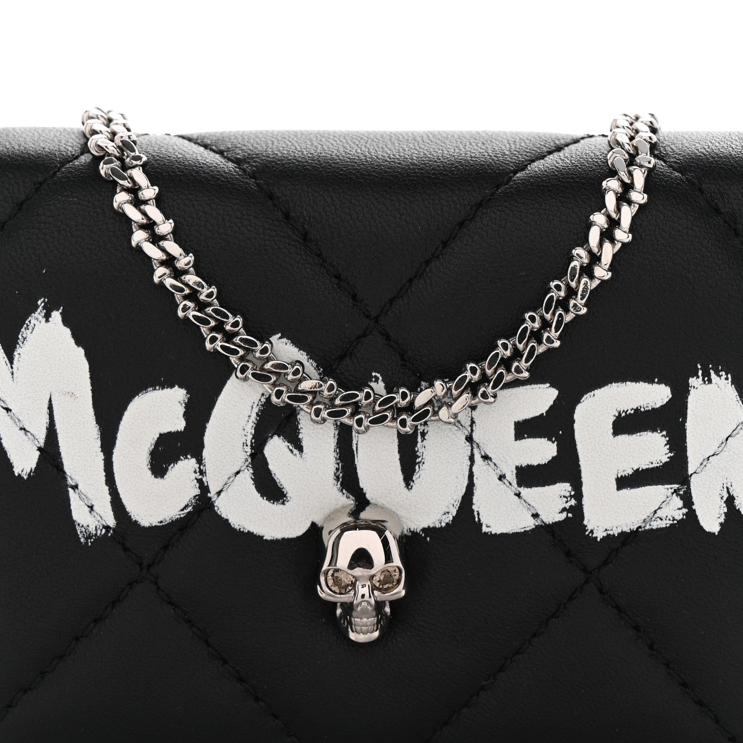 Alexander McQueen Nappa Graffiti Quilted Graffiti Skull Card Holder on Chain Black White 8 of 13