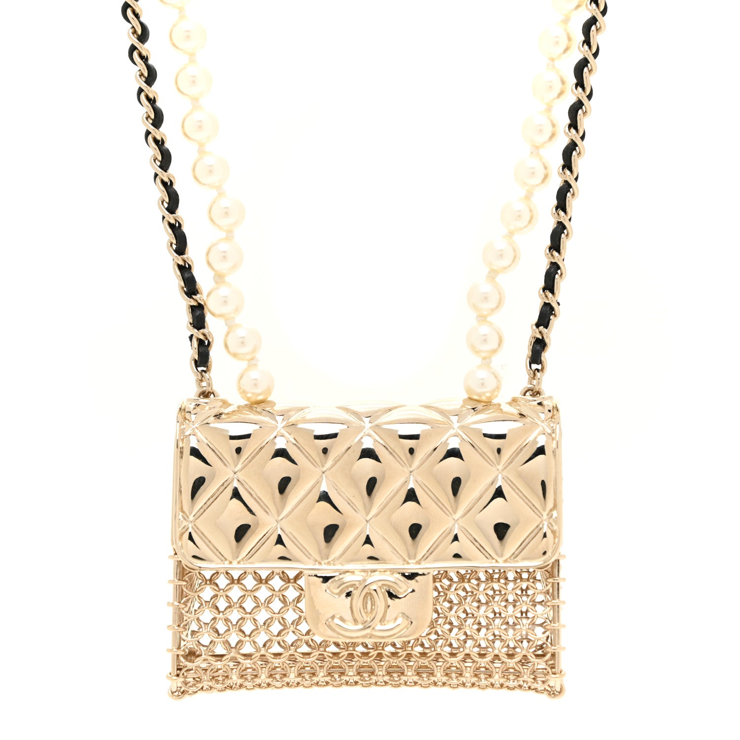 Chanel Metal Lambskin Pearl Chain Flap Bag Long Necklace Gold Black Pearly White 4 of 6