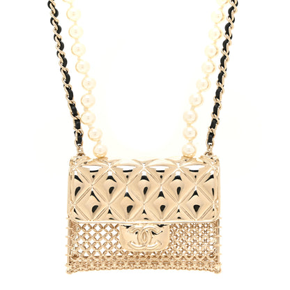 Chanel Metal Lambskin Pearl Chain Flap Bag Long Necklace Gold Black Pearly White 4 of 6
