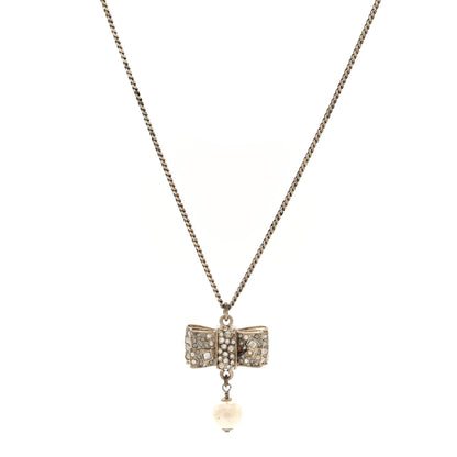 Chanel Metal Crystal Pearl CC Bow Necklace Gold 1 of 6