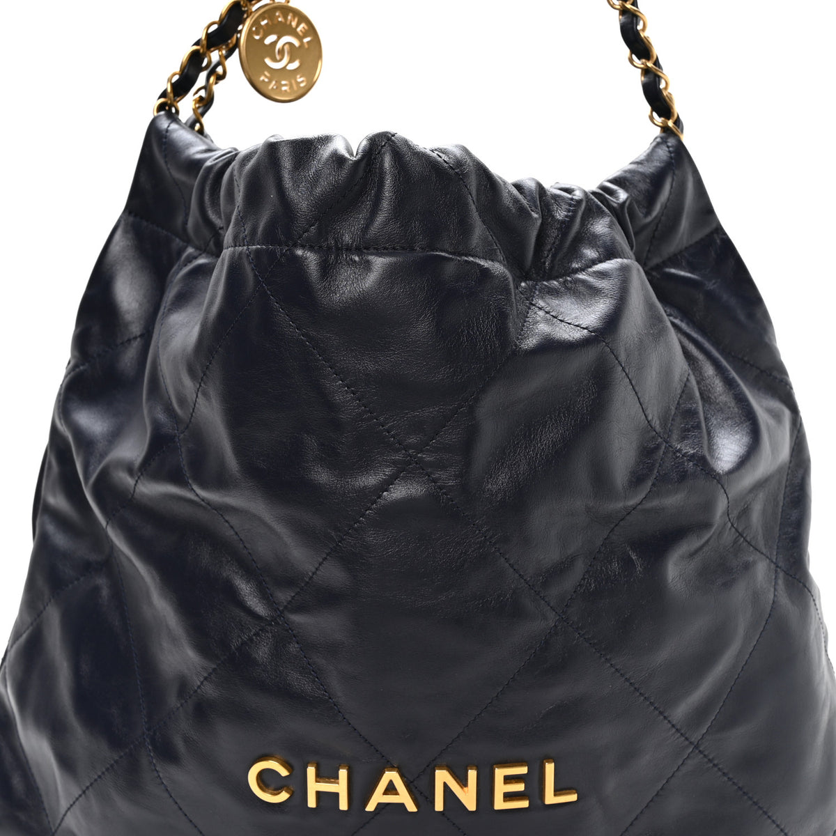 Shiny Calfskin Quilted Chanel 22 Navy Blue