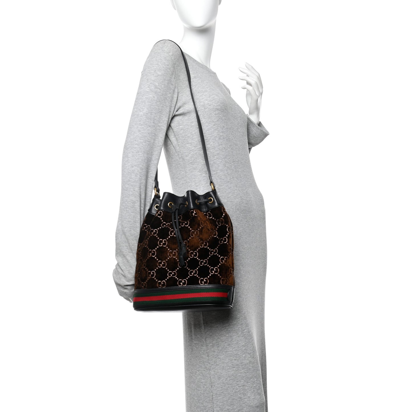 Velvet GG Monogram Textured Calfskin Web Bucket Bag Brown Black