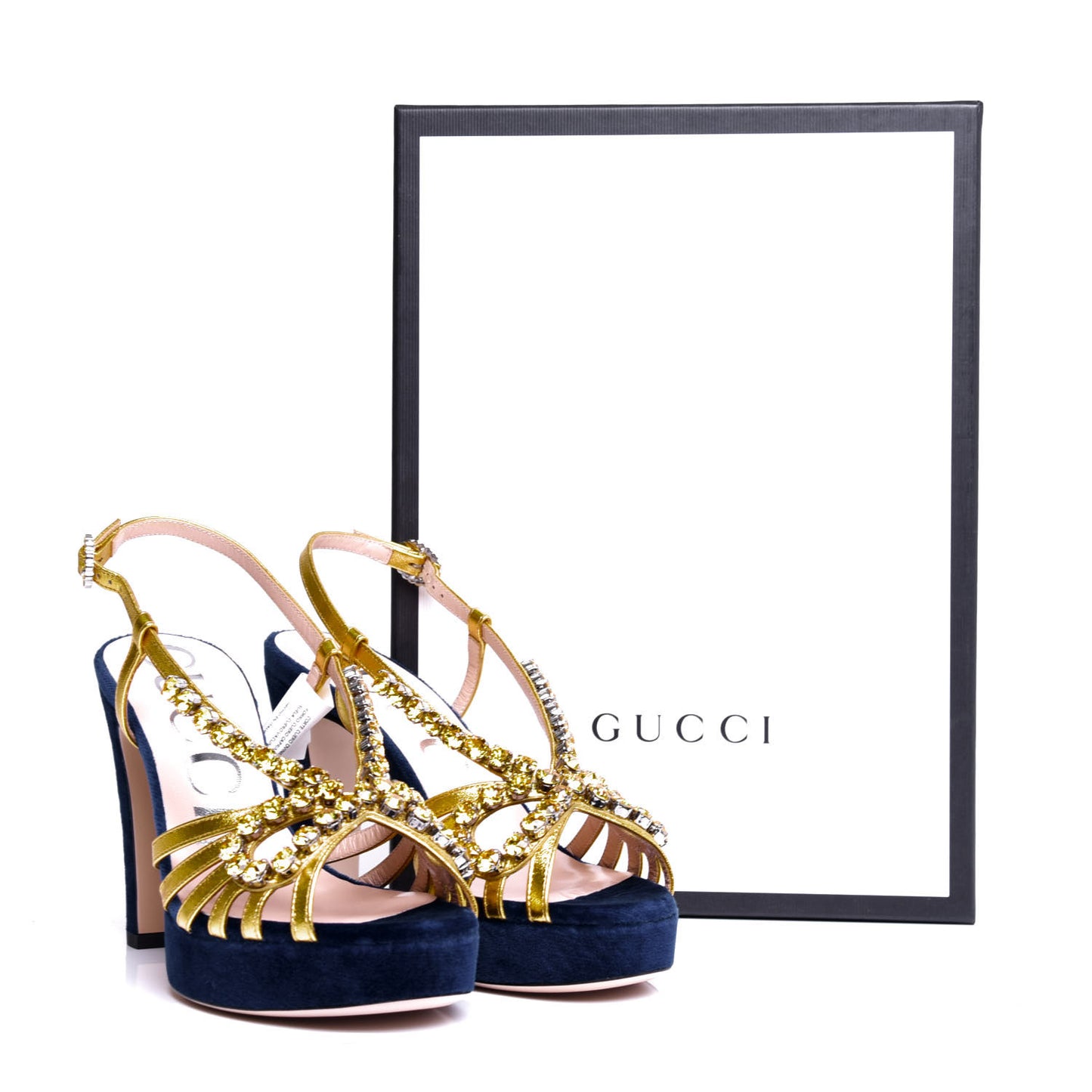 Velvet Nappa Crystal Zephyra Slingback Platform High Heel Sandals 36.5 Blue Gold