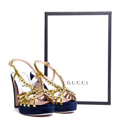 Gucci Velvet Nappa Crystal Zephyra Slingback Platform High Heel Sandals 36.5 Blue Gold 10 of 10