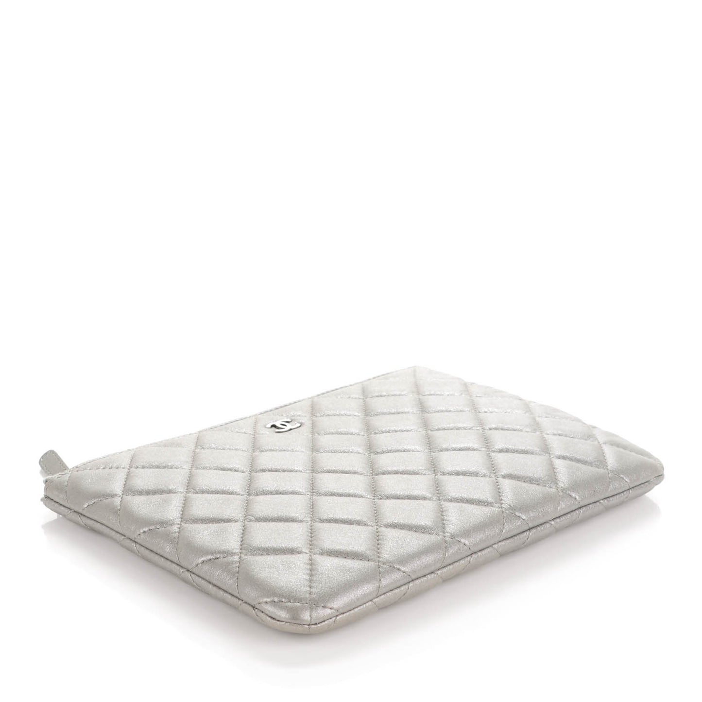 Metallic Lambskin Quilted Medium Cosmetic Case Silver