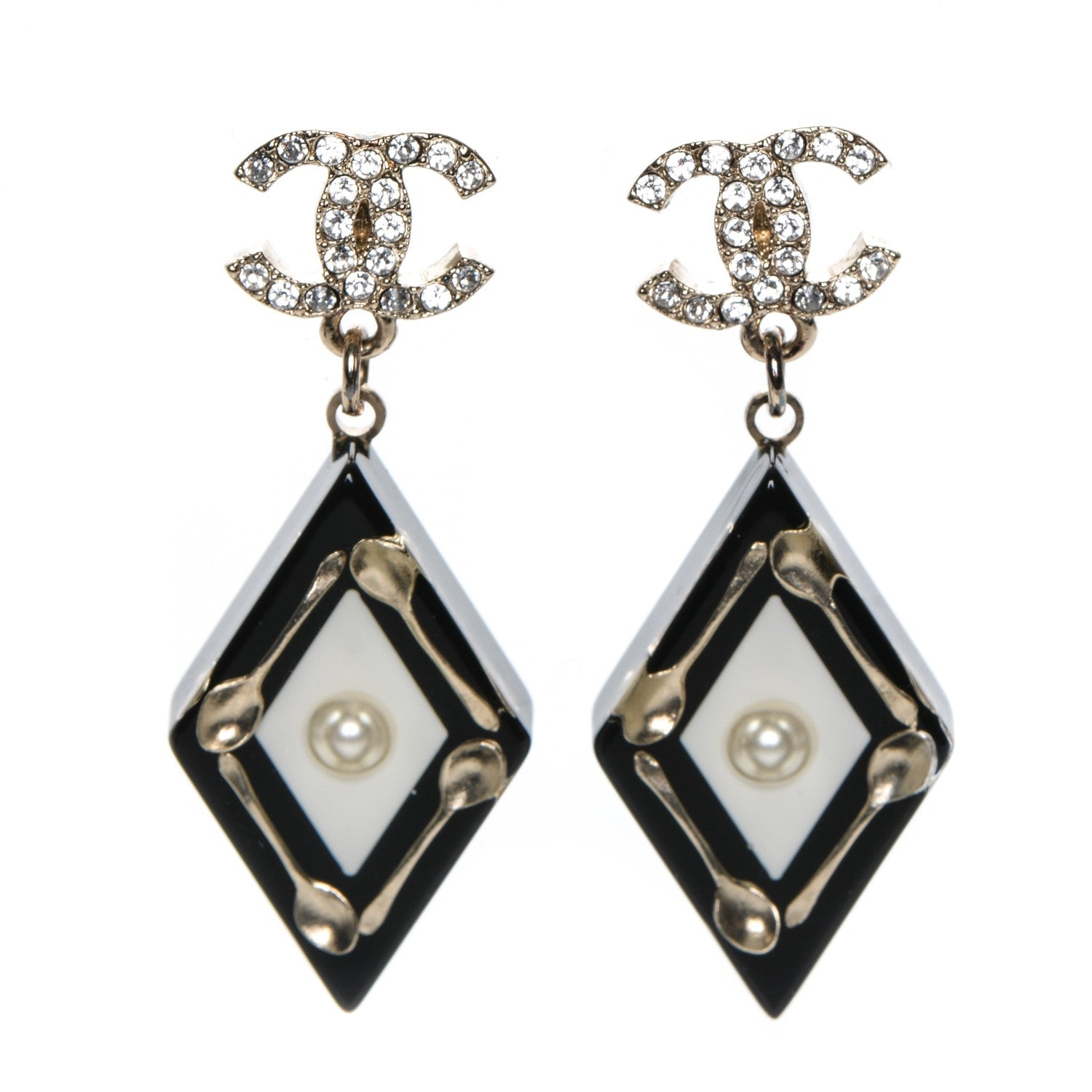 Chanel Resin Crystal Spoon Brasserie CC Drop Earrings Black White 1 of 4