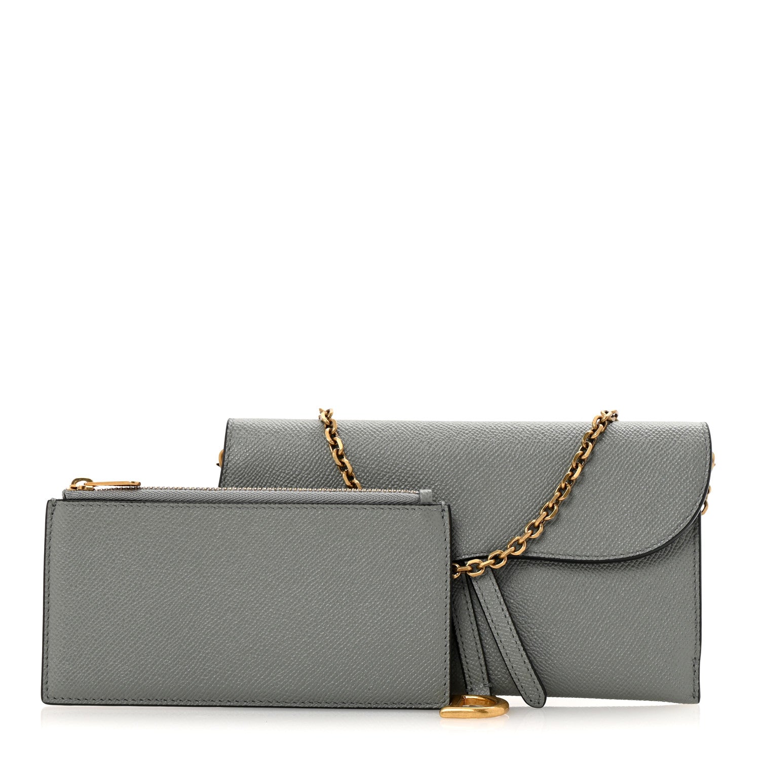Christian Dior Grained Calfskin Saddle Chain Wallet Pouch Grey Stone 3 of 12