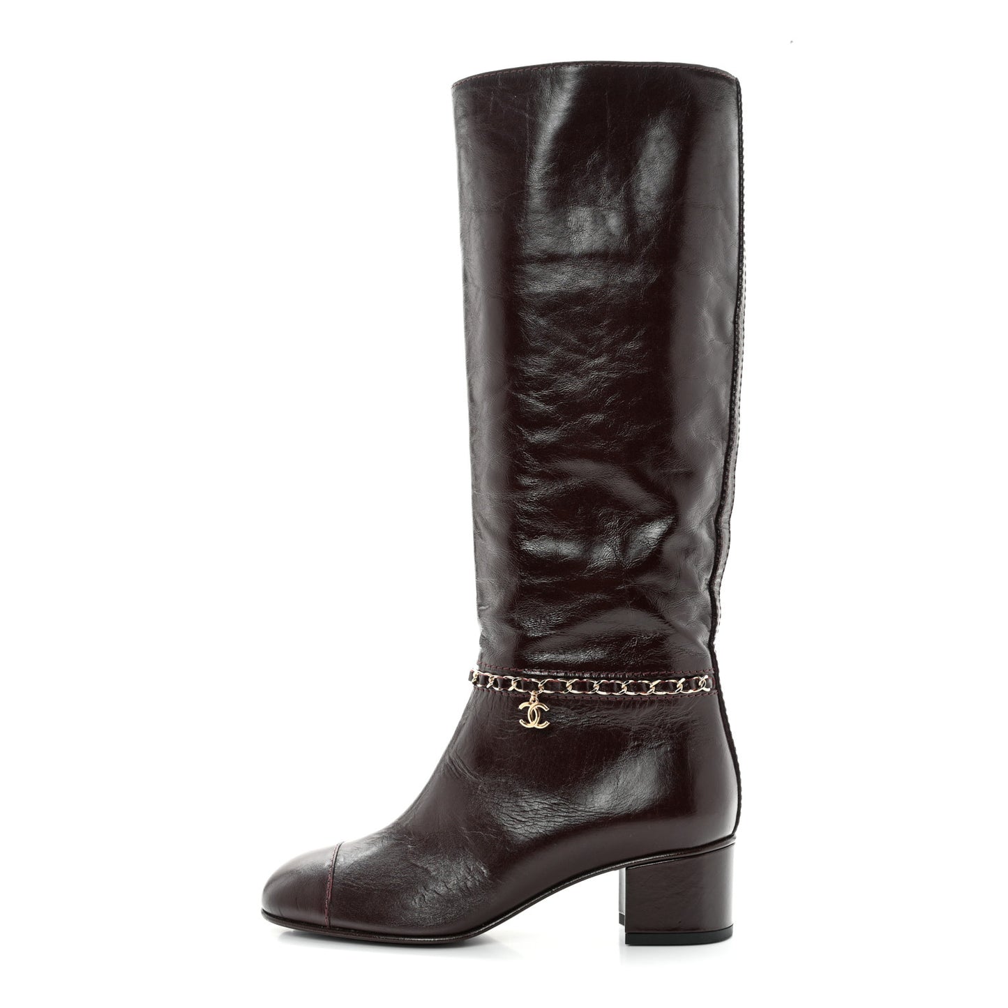 Crumpled Calfskin Cap Toe Chain Boots 37.5 Burgundy
