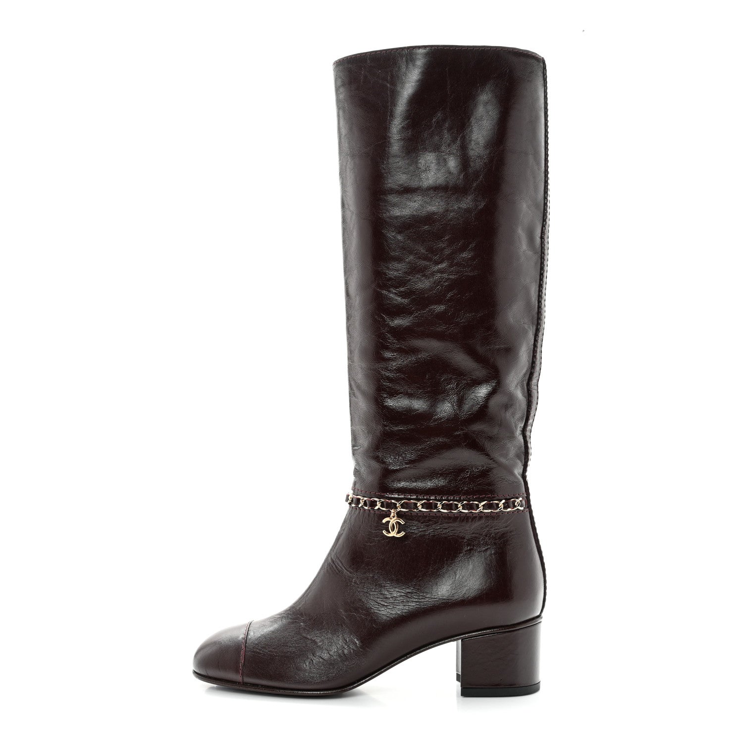 Chanel Crumpled Calfskin Cap Toe Chain Boots 37.5 Burgundy 1 of 7