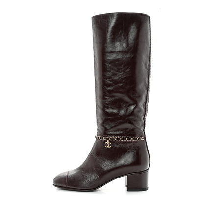 Chanel Crumpled Calfskin Cap Toe Chain Boots 37.5 Burgundy 1 of 7