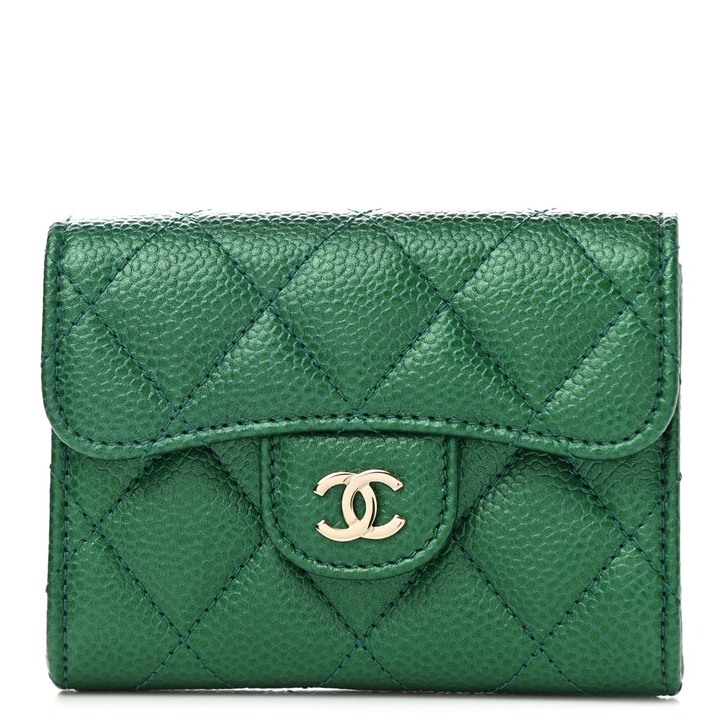 Metallic Caviar Quilted Card Holder Wallet Green