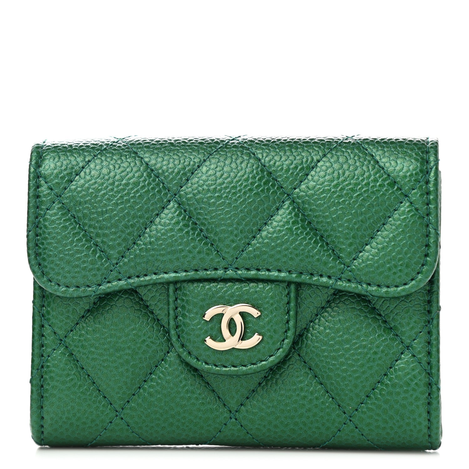 Chanel Metallic Caviar Quilted Card Holder Wallet Green 1 of 9