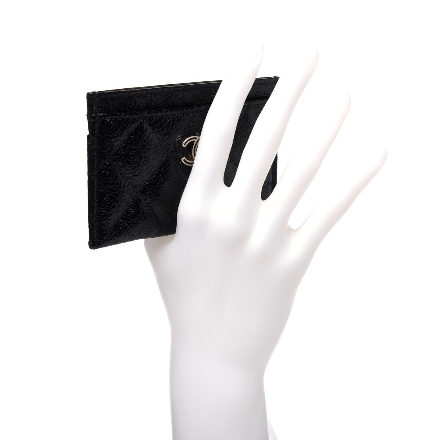 Calfskin Camellia Embossed Quilted Card Holder Black