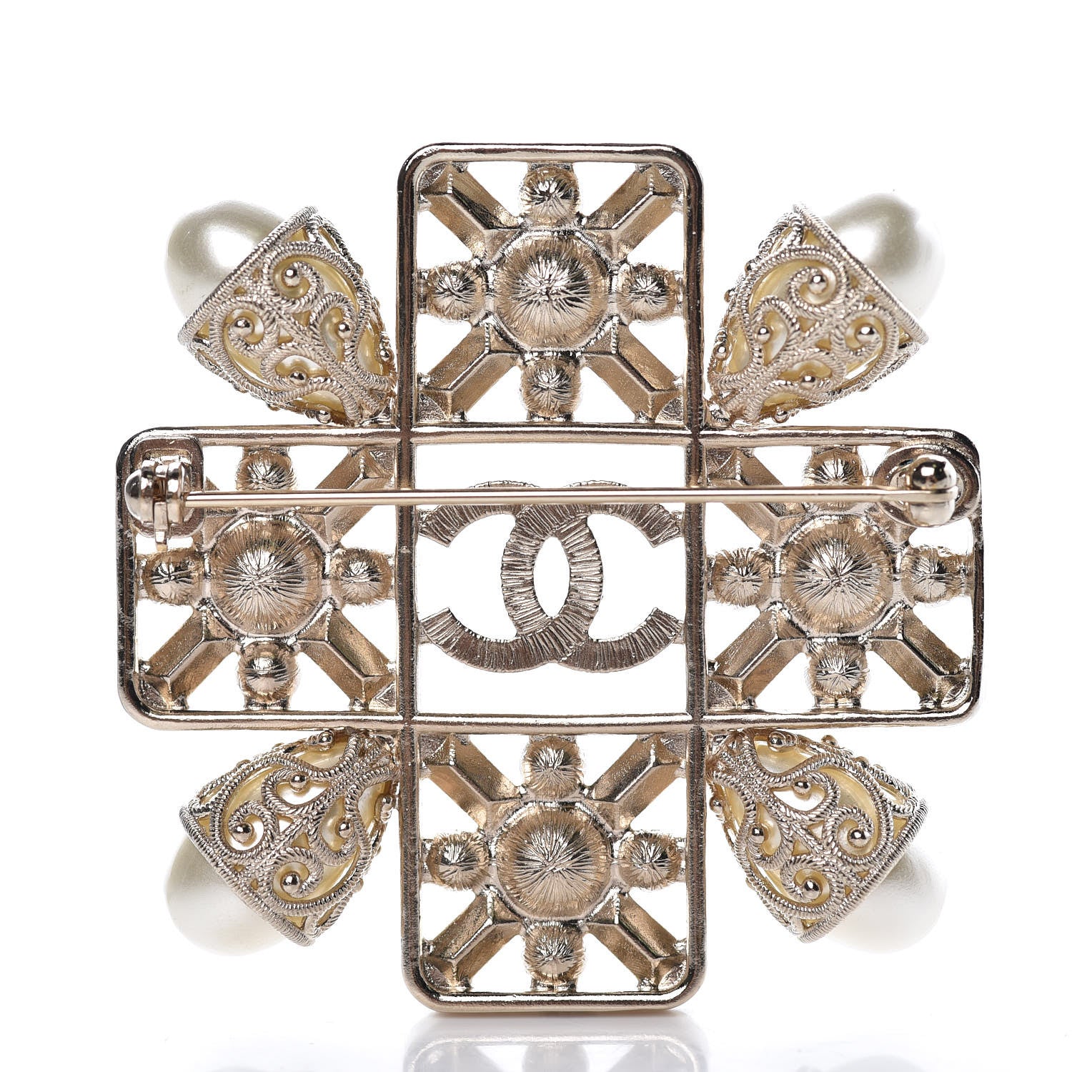 Chanel Pearl Baguette Crystal Sparkling Pearls CC Brooch White Light Gold 3 of 4