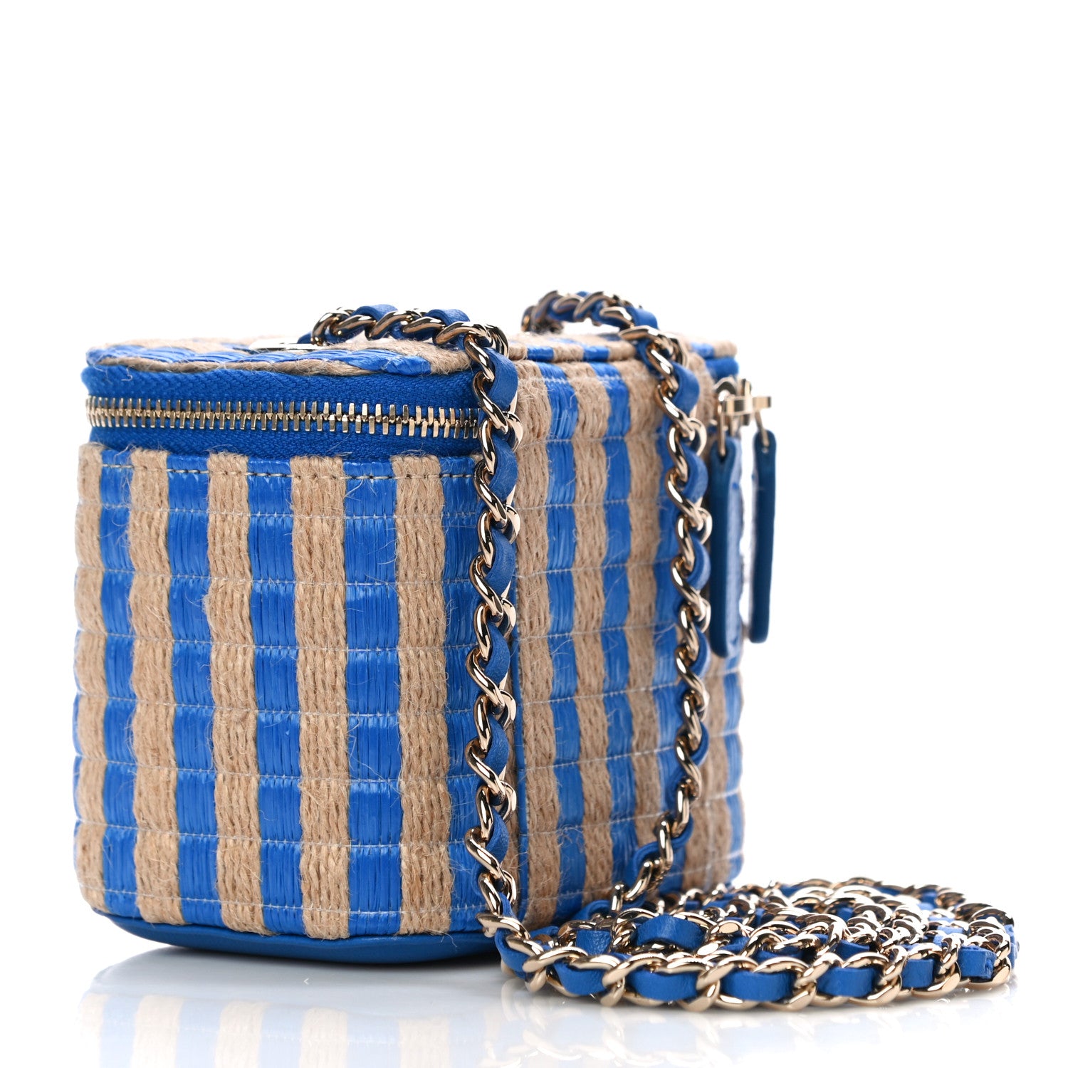 Chanel Raffia Jute Striped Mini Vanity Case With Chain Blue Beige 3 of 11