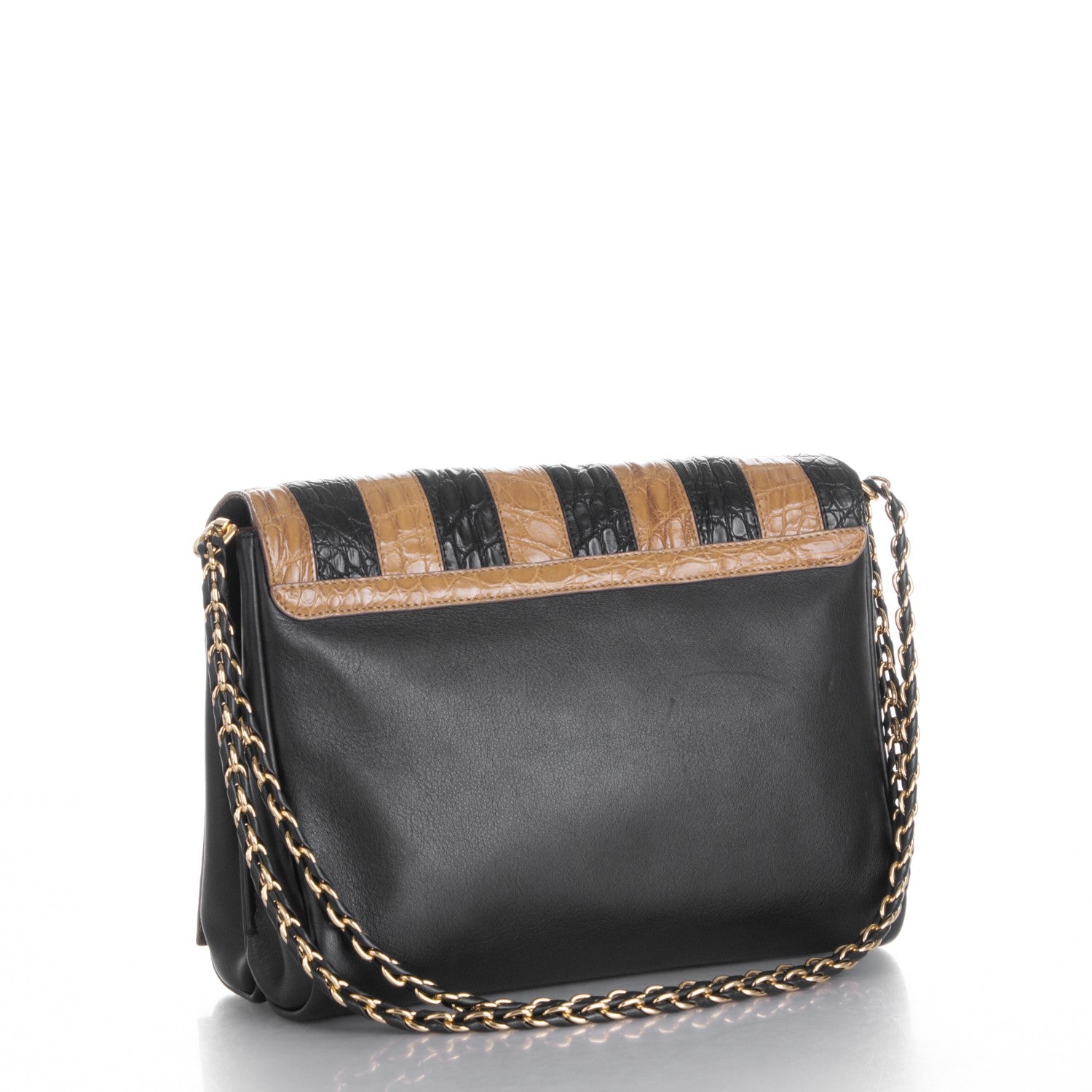 Fendi Calfskin Crocodile Embossed Striped Claudia Large Shoulder Bag Black 3 of 8