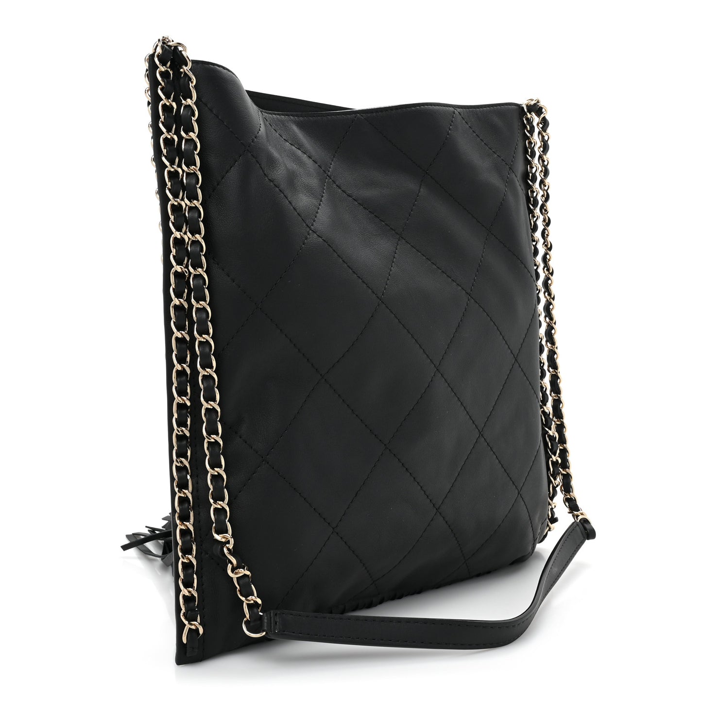 Calfskin Quilted Fringe Shopping Bag Black