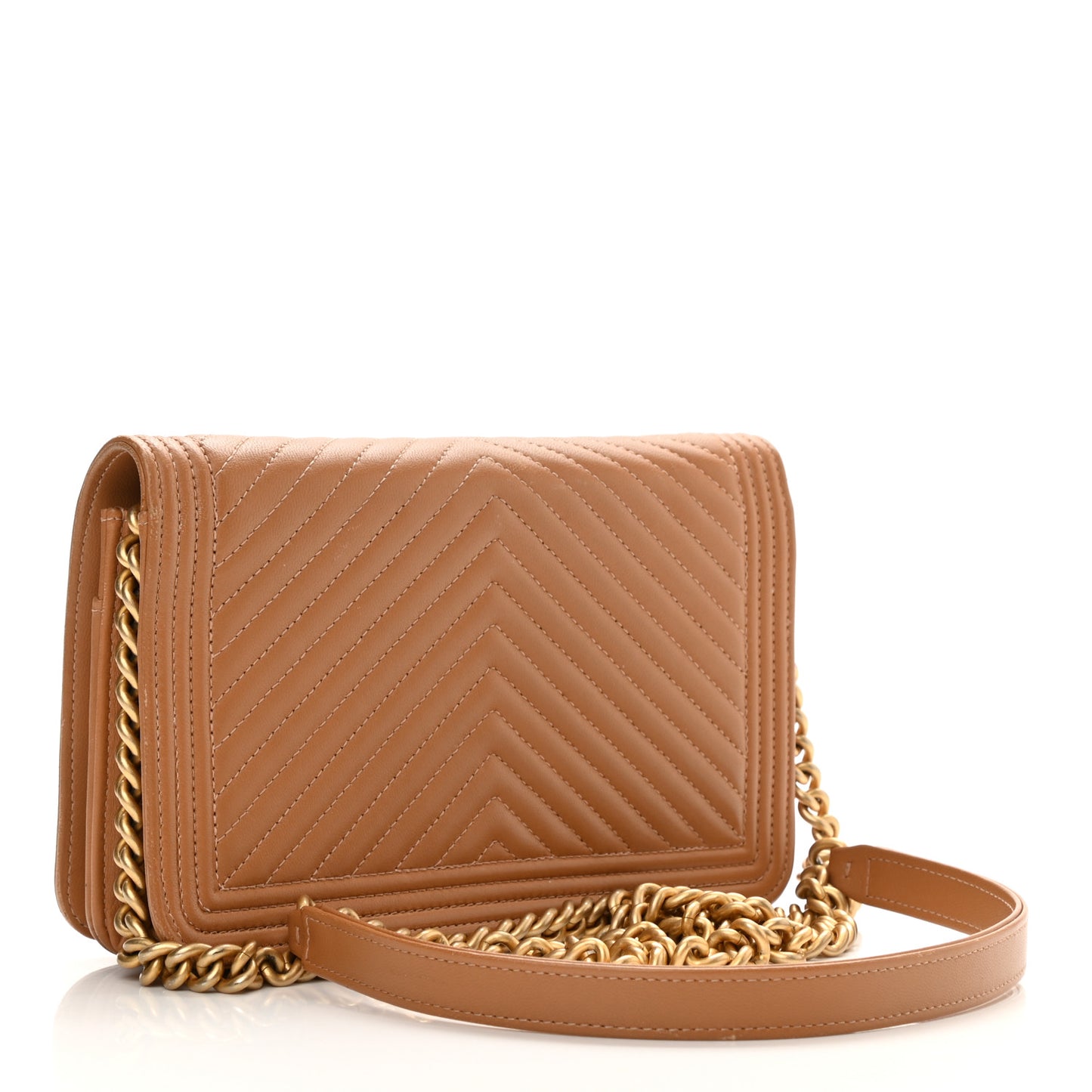 Lambskin Chevron Quilted Boy Wallet On Chain WOC Brown