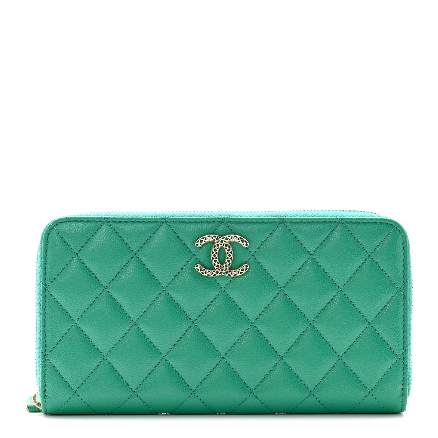 Caviar Quilted Perforated CC Long Zipped Wallet Green
