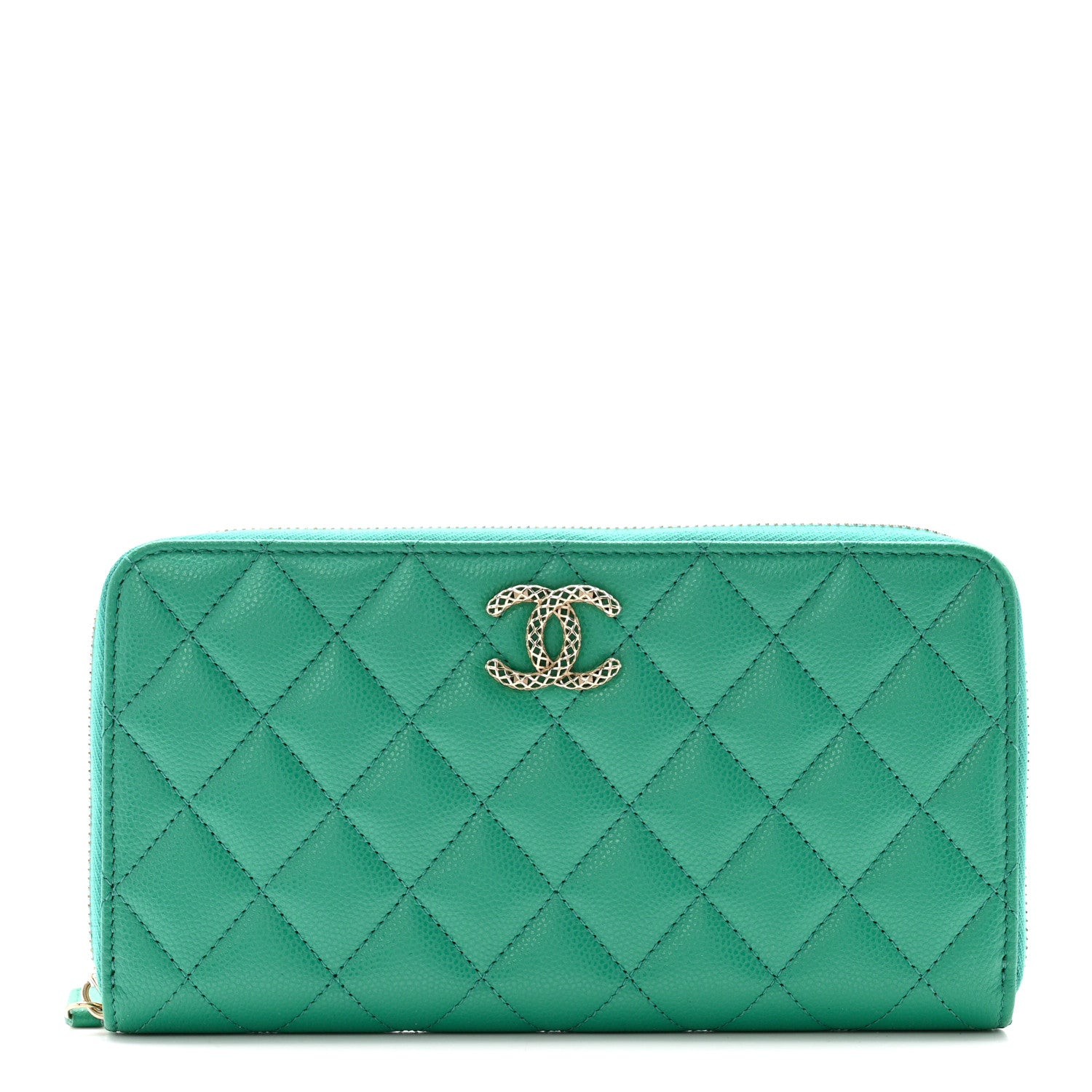 Chanel Caviar Quilted Perforated CC Long Zipped Wallet Green 1 of 12