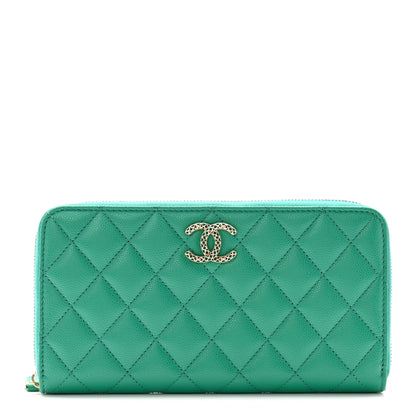 Chanel Caviar Quilted Perforated CC Long Zipped Wallet Green 1 of 12