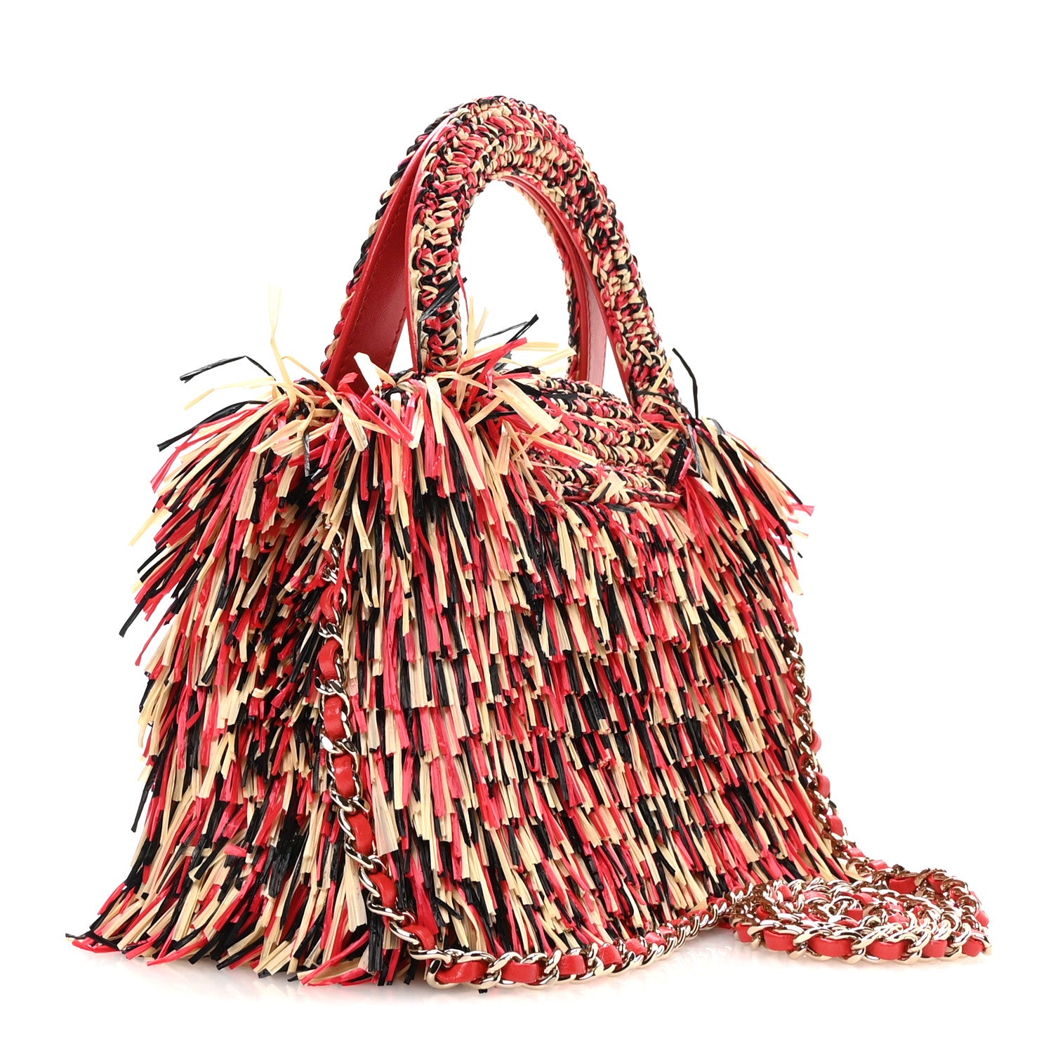 Chanel Raffia Fringe Nano Kelly Shopper Red Beige Black 3 of 11