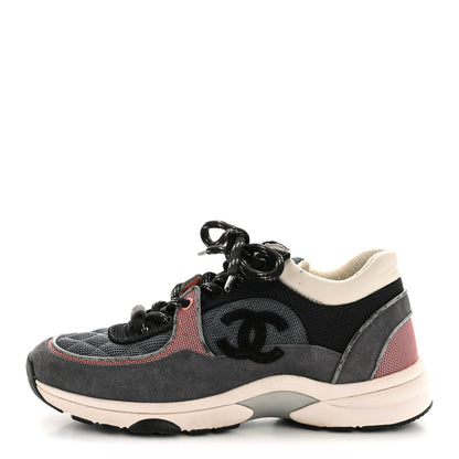 Chanel Fabric Calfskin Suede Womens CC Sneakers 36.5 Grey Pink 1 of 10