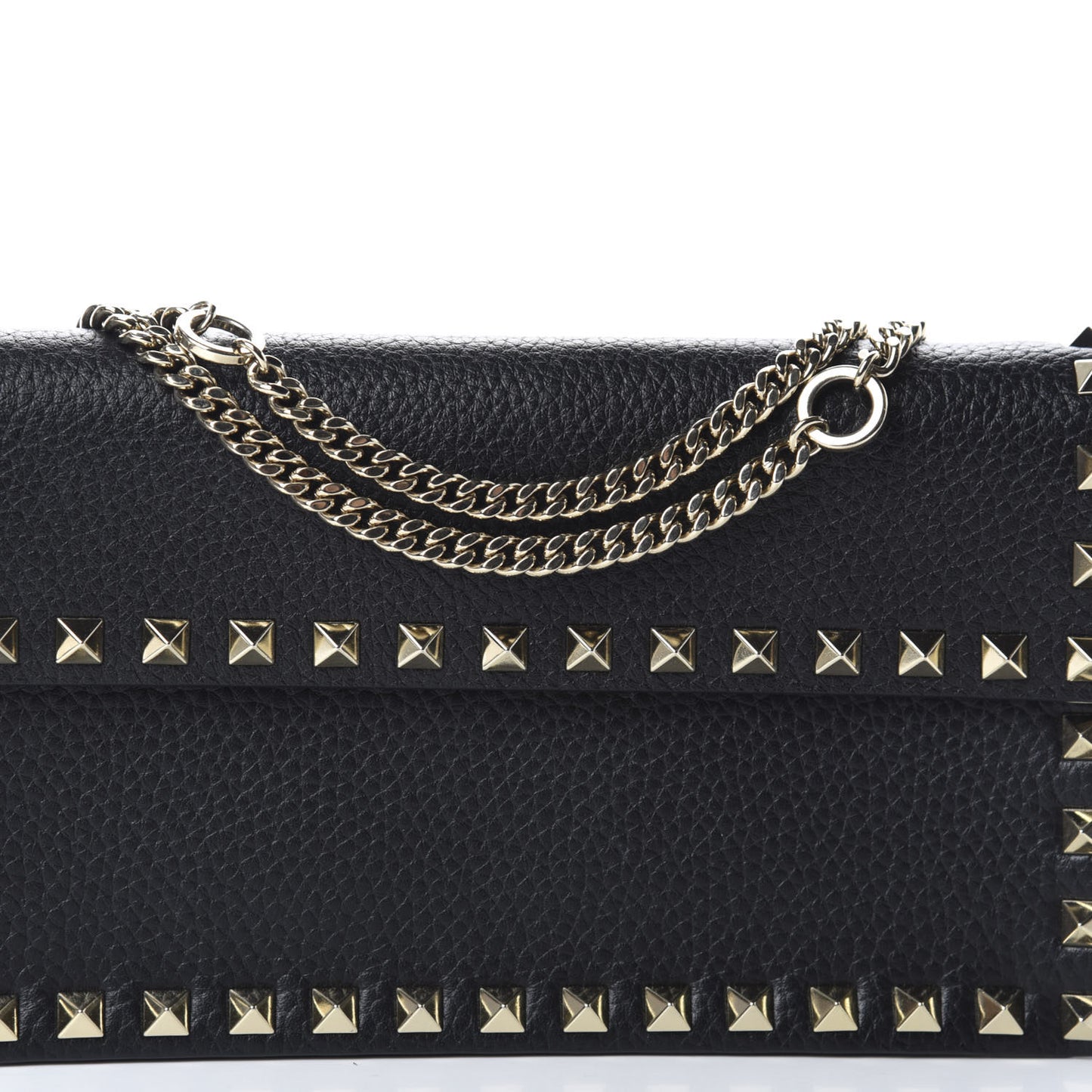 Pebbled Calfskin Rockstud Flap Wallet On Chain Black
