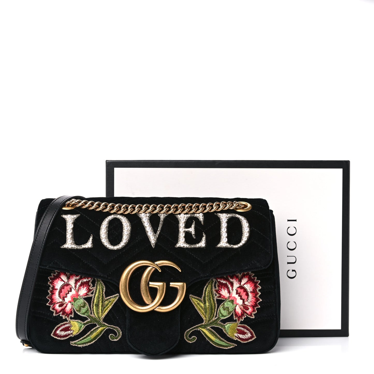 Velvet Matelasse Loved Embroidered Medium GG Marmont Shoulder Bag Black